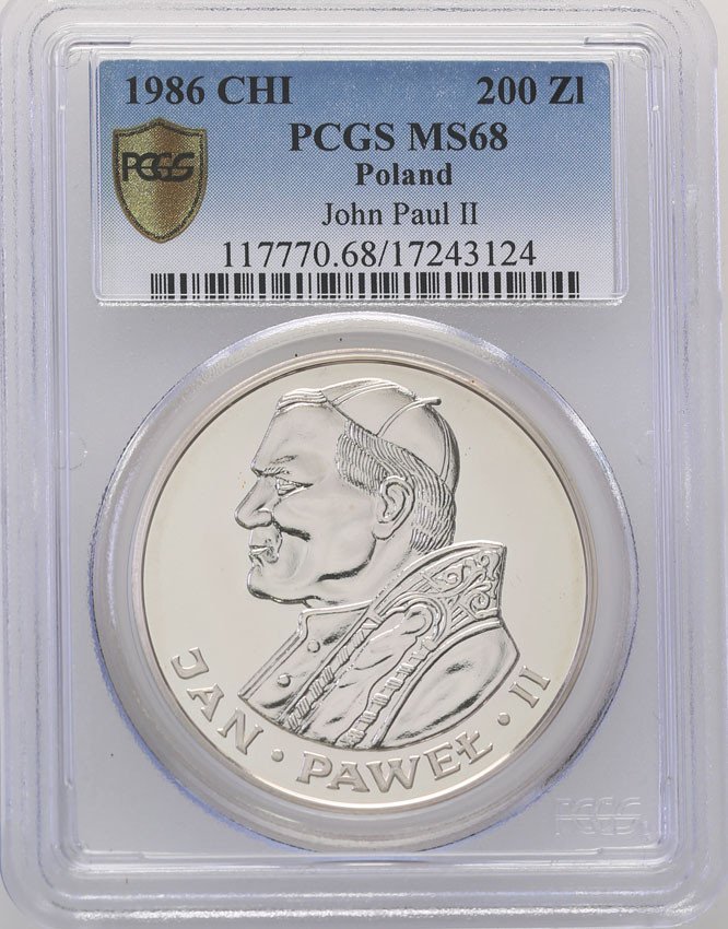 PRL. 200 złotych 1986 Jan Paweł II stempel zwykły PCGS MS68